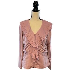 Women's City Hearts Pink Full Zip Ruffle Layered Neck Jacket Size Medium